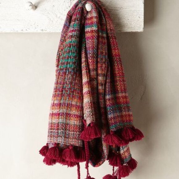 Anthropologie Accessories - ANTHROPOLOGIE Tasseled Tartan Scarf Plaid Burgundy Soft Rectangular